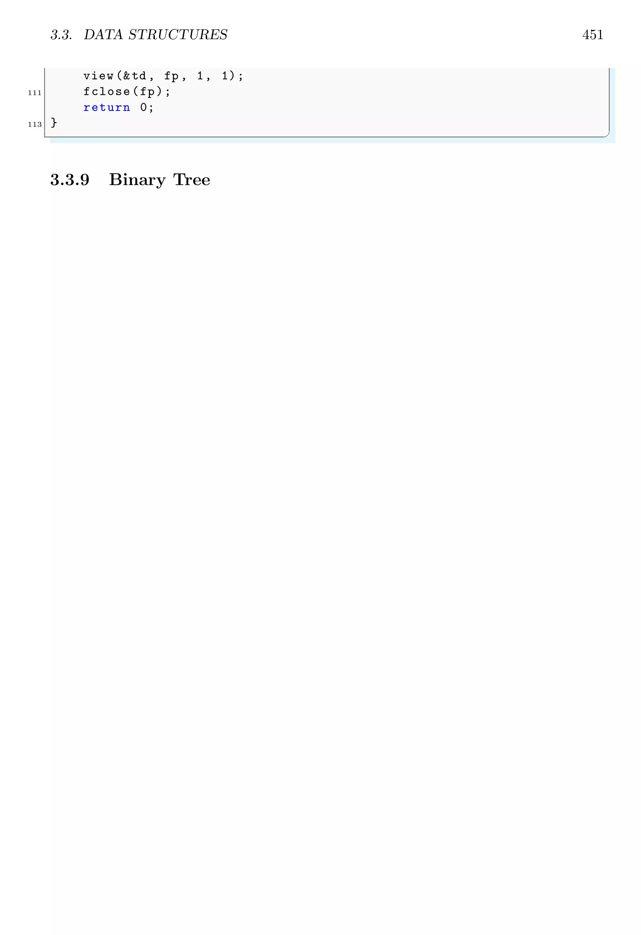 3.3. DATA STRUCTURES 451
view (&td , fp , 1, 1);
111 fclose(fp);
return 0;
113 }
✌
✆
3.3.9 Binary Tree
 