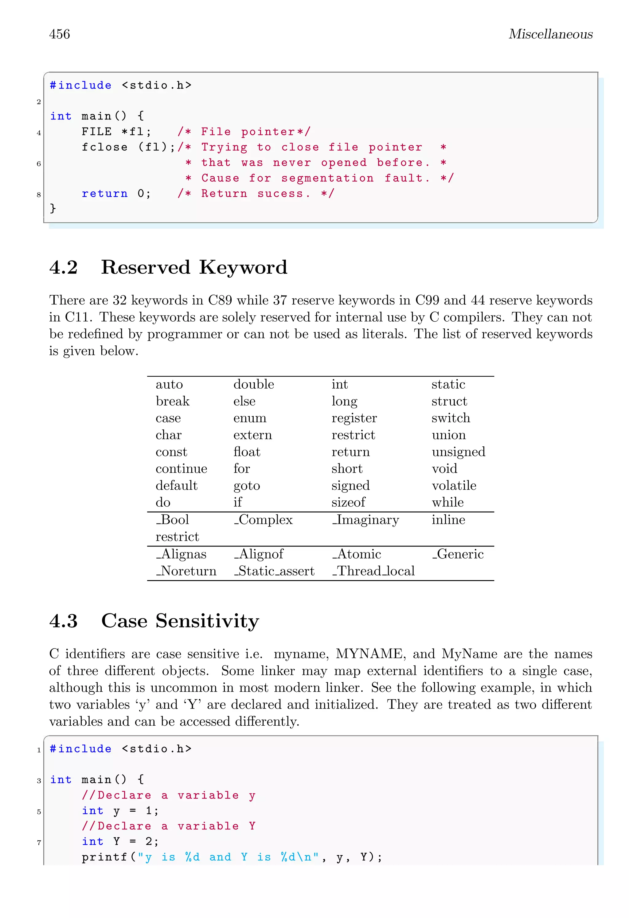 456 Miscellaneous
✞
#include <stdio.h>
2
int main () {
4 FILE *fl; /* File pointer */
fclose (fl);/* Trying to close file pointer *
6 * that was never opened before. *
* Cause for segmentation fault. */
8 return 0; /* Return sucess. */
}
✌
✆
4.2 Reserved Keyword
There are 32 keywords in C89 while 37 reserve keywords in C99 and 44 reserve keywords
in C11. These keywords are solely reserved for internal use by C compilers. They can not
be redefined by programmer or can not be used as literals. The list of reserved keywords
is given below.
auto double int static
break else long struct
case enum register switch
char extern restrict union
const float return unsigned
continue for short void
default goto signed volatile
do if sizeof while
Bool Complex Imaginary inline
restrict
Alignas Alignof Atomic Generic
Noreturn Static assert Thread local
4.3 Case Sensitivity
C identifiers are case sensitive i.e. myname, MYNAME, and MyName are the names
of three different objects. Some linker may map external identifiers to a single case,
although this is uncommon in most modern linker. See the following example, in which
two variables ‘y’ and ‘Y’ are declared and initialized. They are treated as two different
variables and can be accessed differently.
✞
1 #include <stdio.h>
3 int main () {
// Declare a variable y
5 int y = 1;
// Declare a variable Y
7 int Y = 2;
printf("y is %d and Y is %dn", y, Y);
 