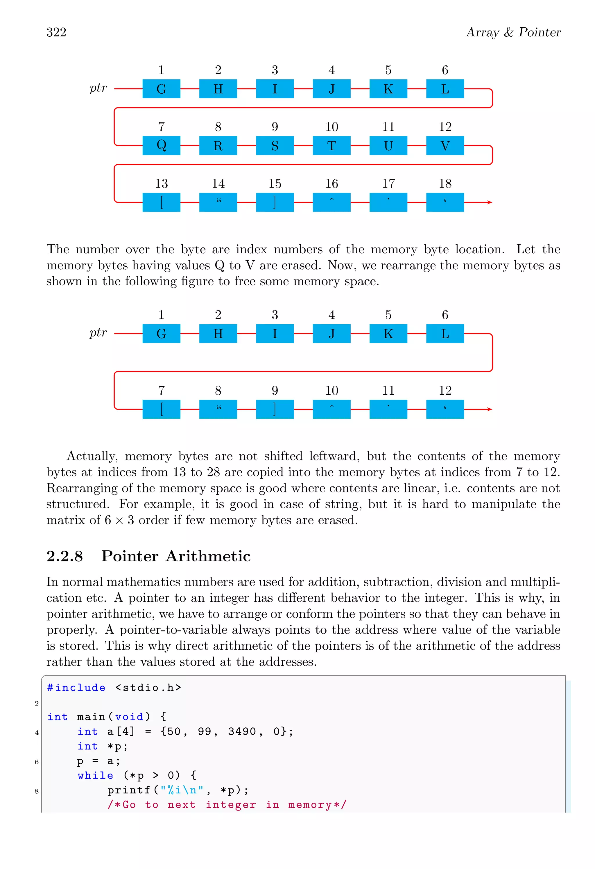 322 Array & Pointer
ptr G
1
H
2
I
3
J
4
K
5
L
6
Q
7
R
8
S
9
T
10
U
11
V
12
[
13
“
14
]
15
ˆ
16
˙
17
‘
18
The number over the byte are index numbers of the memory byte location. Let the
memory bytes having values Q to V are erased. Now, we rearrange the memory bytes as
shown in the following figure to free some memory space.
ptr G
1
H
2
I
3
J
4
K
5
L
6
[
7
“
8
]
9
ˆ
10
˙
11
‘
12
Actually, memory bytes are not shifted leftward, but the contents of the memory
bytes at indices from 13 to 28 are copied into the memory bytes at indices from 7 to 12.
Rearranging of the memory space is good where contents are linear, i.e. contents are not
structured. For example, it is good in case of string, but it is hard to manipulate the
matrix of 6 × 3 order if few memory bytes are erased.
2.2.8 Pointer Arithmetic
In normal mathematics numbers are used for addition, subtraction, division and multipli-
cation etc. A pointer to an integer has different behavior to the integer. This is why, in
pointer arithmetic, we have to arrange or conform the pointers so that they can behave in
properly. A pointer-to-variable always points to the address where value of the variable
is stored. This is why direct arithmetic of the pointers is of the arithmetic of the address
rather than the values stored at the addresses.
✞
#include <stdio.h>
2
int main (void ) {
4 int a[4] = {50, 99, 3490, 0};
int *p;
6 p = a;
while (*p > 0) {
8 printf("%in", *p);
/* Go to next integer in memory */
 