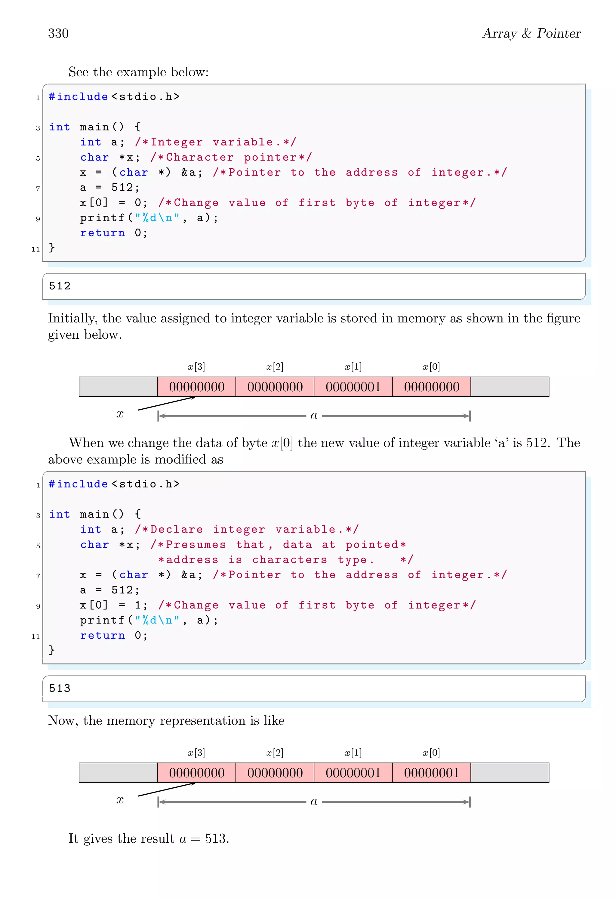 330 Array & Pointer
See the example below:
✞
1 #include <stdio.h>
3 int main () {
int a; /* Integer variable .*/
5 char *x; /* Character pointer */
x = (char *) &a; /* Pointer to the address of integer .*/
7 a = 512;
x[0] = 0; /* Change value of first byte of integer */
9 printf("%dn", a);
return 0;
11 }
✌
✆
✞
512
✌
✆
Initially, the value assigned to integer variable is stored in memory as shown in the figure
given below.
x[3] x[2] x[1] x[0]
00000000 00000000 00000001 00000000
x a
When we change the data of byte x[0] the new value of integer variable ‘a’ is 512. The
above example is modified as
✞
1 #include <stdio.h>
3 int main () {
int a; /* Declare integer variable .*/
5 char *x; /* Presumes that , data at pointed*
*address is characters type . */
7 x = (char *) &a; /* Pointer to the address of integer .*/
a = 512;
9 x[0] = 1; /* Change value of first byte of integer */
printf("%dn", a);
11 return 0;
}
✌
✆
✞
513
✌
✆
Now, the memory representation is like
x[3] x[2] x[1] x[0]
00000000 00000000 00000001 00000001
x a
It gives the result a = 513.
 