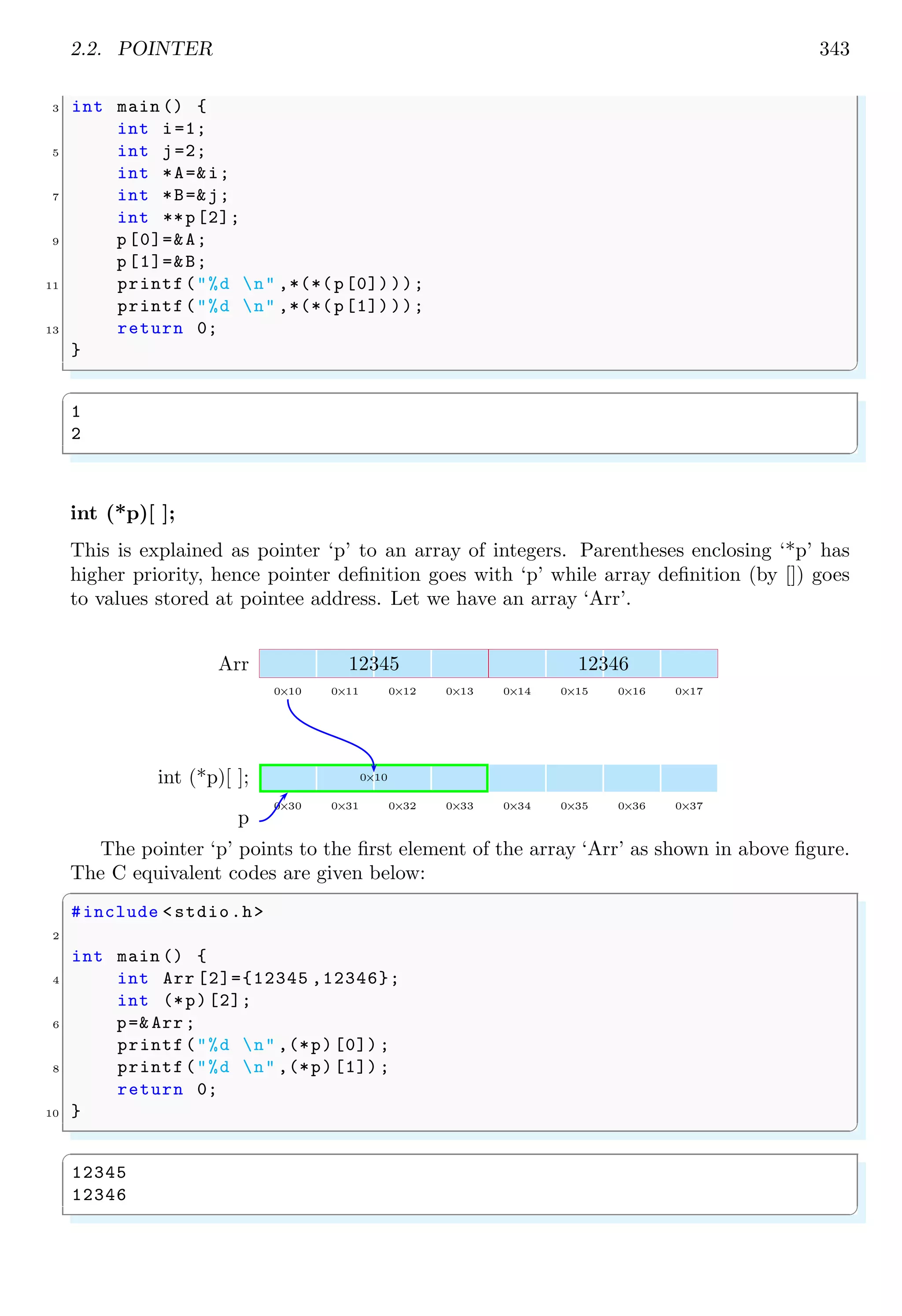 2.2. POINTER 343
3 int main () {
int i=1;
5 int j=2;
int *A=&i;
7 int *B=&j;
int **p[2];
9 p[0]=&A;
p[1]=&B;
11 printf("%d n" ,*(*(p[0]) ));
printf("%d n" ,*(*(p[1]) ));
13 return 0;
}
✌
✆
✞
1
2
✌
✆
int (*p)[ ];
This is explained as pointer ‘p’ to an array of integers. Parentheses enclosing ‘*p’ has
higher priority, hence pointer definition goes with ‘p’ while array definition (by []) goes
to values stored at pointee address. Let we have an array ‘Arr’.
0×10 0×11 0×12 0×13 0×14 0×15 0×16 0×17
12345 12346
Arr
0×30 0×31 0×32 0×33 0×34 0×35 0×36 0×37
0×10
int (*p)[ ];
p
The pointer ‘p’ points to the first element of the array ‘Arr’ as shown in above figure.
The C equivalent codes are given below:
✞
#include <stdio.h>
2
int main () {
4 int Arr [2]={12345 ,12346};
int (*p)[2];
6 p=& Arr;
printf("%d n" ,(*p)[0]) ;
8 printf("%d n" ,(*p)[1]) ;
return 0;
10 }
✌
✆
✞
12345
12346
✌
✆
 