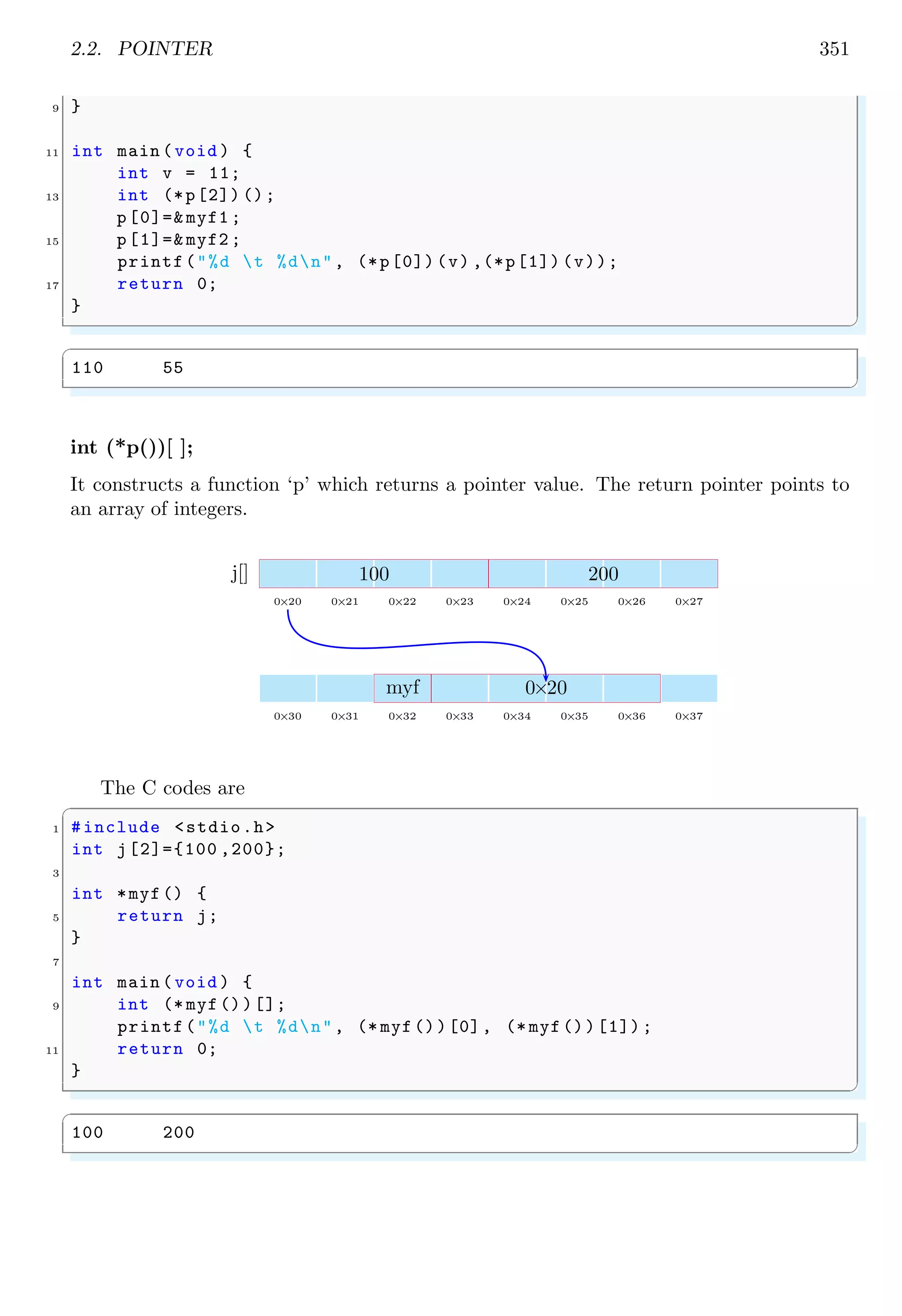 2.2. POINTER 351
9 }
11 int main (void ) {
int v = 11;
13 int (*p[2]) ();
p[0]=& myf1 ;
15 p[1]=& myf2 ;
printf("%d t %dn", (*p[0]) (v) ,(*p[1]) (v));
17 return 0;
}
✌
✆
✞
110 55
✌
✆
int (*p())[ ];
It constructs a function ‘p’ which returns a pointer value. The return pointer points to
an array of integers.
0×20 0×21 0×22 0×23 0×24 0×25 0×26 0×27
100 200
j[]
0×30 0×31 0×32 0×33 0×34 0×35 0×36 0×37
myf 0×20
The C codes are
✞
1 #include <stdio.h>
int j[2]={100 ,200};
3
int *myf() {
5 return j;
}
7
int main (void ) {
9 int (* myf())[];
printf("%d t %dn", (* myf())[0], (* myf())[1]);
11 return 0;
}
✌
✆
✞
100 200
✌
✆
 
