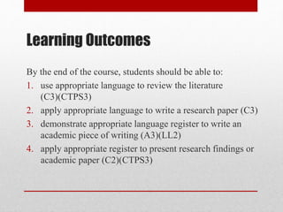 Learning Outcomes
By the end of the course, students should be able to:
1. use appropriate language to review the literature
(C3)(CTPS3)
2. apply appropriate language to write a research paper (C3)
3. demonstrate appropriate language register to write an
academic piece of writing (A3)(LL2)
4. apply appropriate register to present research findings or
academic paper (C2)(CTPS3)
 