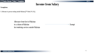 Income from Salary
Exemptions:
8. Allowance to person working outside Pakistan [2nd Sched, P-I, Cl-5]
Allowance from Govt of Pakistan
to a citizen of Pakistan
for rendering services outside Pakistan
Exempt
Salary
Salary
Heads of Income
Heads of Income
Exemptions
Exemptions
101
 
