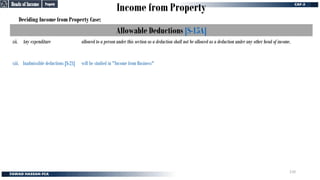 Income from Property
Deciding Income from Property Case:
Allowable Deductions [S-15A]
xii. Any expenditure
xiii. Inadmissible deductions [S-21]
allowed to a person under this section as a deduction shall not be allowed as a deduction under any other head of income.
will be studied in "Income from Business"
Property
Property
Heads of Income
Heads of Income
110
 