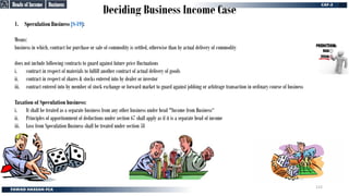 Deciding Business Income Case
1. Speculation Business [S-19]:
Means:
business in which, contract for purchase or sale of commodity is settled, otherwise than by actual delivery of commodity
does not include following contracts to guard against future price fluctuations
i. contract in respect of materials to fulfill another contract of actual delivery of goods
ii. contract in respect of shares & stocks entered into by dealer or investor
iii. contract entered into by member of stock exchange or forward market to guard against jobbing or arbitrage transaction in ordinary course of business
Taxation of Speculation business:
i. It shall be treated as a separate business from any other business under head "Income from Business“
ii. Principles of apportionment of deductions under section 67 shall apply as if it is a separate head of income
iii. Loss from Speculation Business shall be treated under section 58
Business
Business
Heads of Income
Heads of Income
115
 