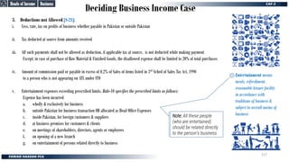 Deciding Business Income Case
Business
Business
Heads of Income
Heads of Income
3. Deductions not Allowed [S-21]:
i. Cess, rate, tax on profits of business whether payable in Pakistan or outside Pakistan
ii. Tax deducted at source from amounts received
iii. All such payments shall not be allowed as deduction, if applicable tax at source, is not deducted while making payment
Except: in case of purchase of Raw Material & Finished Goods, the disallowed expense shall be limited to 20% of total purchases
iv. Amount of commission paid or payable in excess of 0.2% of Sales of items listed in 3rd Sched of Sales Tax Act, 1990
to a person who is not appearing on ATL under ITO
v. Entertainment expenses exceeding prescribed limits. Rule-10 specifies the prescribed limits as follows:
Expense has been incurred
a. wholly & exclusively for business
b. outside Pakistan for business transaction OR allocated as Head Office Expenses
c. inside Pakistan, for foreign customers & suppliers
d. at business premises for customers & clients
e. on meetings of shareholders, directors, agents or employees
f. on opening of a new branch
g. on entertainment of persons related directly to business
Entertainment means
meals, refreshment,
reasonable leisure facility
in accordance with
traditions of business &
subject to overall norms of
business
Note: All these people
(who are entertained)
should be related directly
to the person’s business.
117
 