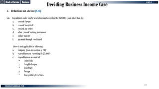 Deciding Business Income Case
3. Deductions not Allowed [S-21]:
xiii. Expenditure under single head of account exceeding Rs 250,000/- paid other than by :
a. crossed cheque
b. crossed bank draft
c. crossed pay order
d. other crossed banking instrument
e. online transfer
f. payment through credit card
Above is not applicable to following:
a. Company [from date notified by FBR]
b. expenditure not exceeding Rs 25,000/-
c. expenditure on account of:
• Utility bills
• Freight charges
• Travel fare
• Postage
• Taxes/duties/fees/fines
Business
Business
Heads of Income
Heads of Income
119
 
