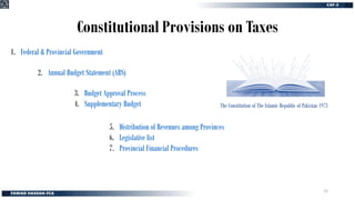 Constitutional Provisions on Taxes
2. Annual Budget Statement (ABS)
3. Budget Approval Process
4. Supplementary Budget
5. Distribution of Revenues among Provinces
6. Legislative list
7. Provincial Financial Procedures
1. Federal & Provincial Government
The Constitution of The Islamic Republic of Pakistan 1973
12
 