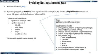 Deciding Business Income Case
3. Deductions not Allowed [S-21]:
xiv. Expenditure (paid/payable) by a Company, under single head of account exceeding Rs 250,000/- other than by Digital Meansfrom business bank
account of the taxpayer notified to the Commissioner under section 114A
Above is not applicable to following:
a. expenditure not exceeding Rs 25,000/-
b. expenditure on account of:
• Utility bills
• Freight charges
• Travel fare
• Postage
• Taxes/duties/fees/fines
This clause will be applicable from date notified by FBR
Business
Business
Heads of Income
Heads of Income
Means
digital payments and financial services
including but not limited to
• online portals or platforms for digital payments/receipts;
• online interbank fund transfer services;
• online bill or invoice presentment and payment services;
• over the Counter digital payment services or facilities;
• card payments using
o Point of Sale terminals,
o QR codes,
o mobile devices,
o ATMs,
o Kiosk or
• any other digital payments enabled devices or
• any other digital or online payment modes.
120
 