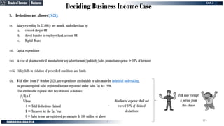 Deciding Business Income Case
Business
Business
Heads of Income
Heads of Income
3. Deductions not Allowed [S-21]:
xv. Salary exceeding Rs 32,000/- per month, paid other than by:
a. crossed cheque OR
b. direct transfer to employee bank account OR
c. Digital Means
xvi. Capital expenditure
xvii. In case of pharmaceutical manufacturer any advertisement/publicity/sales promotion expense > 10% of turnover
xviii. Utility bills in violation of prescribed conditions and limits
xix. With effect from 1st October 2020, any expenditure attributable to sales made by industrial undertaking,
to person required to be registered but not registered under Sales Tax Act 1990.
The attributable expense shall be calculated as follows:
(A/B) x C
Where;
A = Total deductions claimed
B = Turnover for the Tax Year
C = Sales to one un-registered person upto Rs 100 million or above
Disallowed expense shall not
exceed 10% of claimed
deductions
FBR may exempt
a person from
this clause
121
 