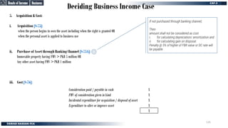 Deciding Business Income Case
Business
Business
Heads of Income
Heads of Income
5. Acquisition & Cost:
i. Acquisition [S-75]:
when the person begins to own the asset including when the right is granted OR
when the personal asset is applied to business use
ii. Purchase of Asset through Banking Channel [S-75A]:
Immovable property having FMV > PKR 5 million OR
Any other asset having FMV > PKR 1 million
iii. Cost [S-76]:
Consideration paid / payable in cash X
FMV of consideration given in kind X
Incidental expenditure for acquisition / disposal of asset X
Expenditure to alter or improve asset X
X
If not purchased through banking channel;
Then
amount shall not be considered as cost
i. for calculating depreciation/ amortization and
ii. for calculating gain on disposal.
Penalty @ 5% of higher of FBR value or DC rate will
be payable
125
 