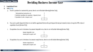 Deciding Business Income Case
5. Acquisition & Cost:
ii. Cost [S-76]:
g. If asset is produced or constructed by person, then its cost will include following:[Section-76(4)]
h. If an asset is partly disposed off, then its cost shall be apportioned between the part disposed off and part retained on basis of respective FMV at time of
acquisition of asset [Section-76(7)]
i. If acquisition of an asset is derivation of an amount chargeable to tax, then its cost will include following:[Section-76(8)]
j. If acquisition of an asset is derivation of an amount exempt from tax, then its cost will include following:[Section-76(9)]
Total production/construction cost X
+Incidental expenditure for acquisition / disposal of asset X
+Expenditure to alter or improve asset X
X
Amount chargeable to tax X
Amount paid to acquire asset X
X
Amount exempt from tax X
Amount paid to acquire asset X
X
Business
Business
Heads of Income
Heads of Income
127
 
