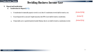 Deciding Business Income Case
8. Disposal and Consideration:
ii. Consideration for Disposal [S-77]:
e. If consideration for immovable property exceeds its cost, then it's consideration received shall be treated as cost.
f. If asset disposed off in a non-arm's length transaction, then FMV of asset shall be treated as consideration.
g. If depreciable asset is exported/transferred outside Pakistan, then its cost shall be treated as consideration received.
[Section-22(13d)]
[Section-22(13d)]
[Section-78]
[Section-78]
[Section-22(14)]
[Section-22(14)]
Business
Business
Heads of Income
Heads of Income
131
 