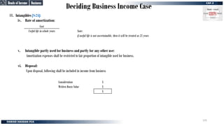 Deciding Business Income Case
11. Intangibles [S-24]:
iv. Rate of amortization:
v. Intangible partly used for business and partly for any other use:
Amortization expenses shall be restricted to fair proportion of intangible used for business.
vi. Disposal:
Upon disposal, following shall be included in income from business
Cost
Useful life in whole years Note:
if useful life is not ascertainable, then it will be treated as 25 years
Consideration X
Written Down Value X
X
Business
Business
Heads of Income
Heads of Income
135
 