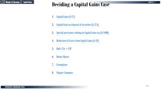 Deciding a Capital Gains Case
1. Capital Gains [S-37]
2. Capital Gain on disposal of Securities [S-37A]
3. Special provisions relating to Capital Gains tax [S-100B]
4. Deduction of Losses from Capital Gains [S-38]
5. Rule 13A – 13P
6. Bonus Shares
7. Exemptions
8. Chapter Summary
Capital Gains
Capital Gains
Heads of Income
Heads of Income
144
 