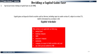 Deciding a Capital Gains Case
3. Special provisions relating to Capital Gains tax [S-100B]
Capital gains on disposal of listed securities and tax thereon, including super tax under section 4C, subject to section 37A,
shall be determined in accordance with
Eighth Schedule
This section is not applicable on following:
• mutual fund
• banking company
• NBFC
• insurance company
• modaraba
• company, in respect of debt securities only and
• any other person notified by FBR
Capital Gains
Capital Gains
Heads of Income
Heads of Income
149
 