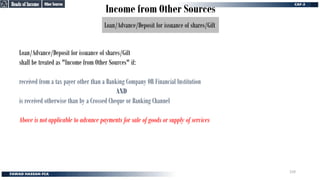 Income from Other Sources
Loan/Advance/Deposit for issuance of shares/Gift
Loan/Advance/Deposit for issuance of shares/Gift
shall be treated as "Income from Other Sources" if:
received from a tax payer other than a Banking Company OR Financial Institution
AND
is received otherwise than by a Crossed Cheque or Banking Channel
Above is not applicable to advance payments for sale of goods or supply of services
Other Sources
Other Sources
Heads of Income
Heads of Income
159
 