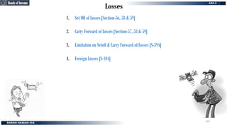 Losses
1. Set Off of Losses [Section-56, 58 & 59]
2. Carry Forward of Losses [Section-57, 58 & 59]
3. Limitation on Setoff & Carry Forward of Losses [S-59A]
4. Foreign Losses [S-104]
Heads of Income
Heads of Income
163
 