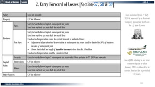 2. Carry Forward of Losses [Section-57, 58 & 59]
Salary
Property
Spec.
Business
Non Spec.
Capital
Gains
Other Sources
Security
Immovables
Others
Loss not possible
C/f Not Allowed
Carry forward allowed upto 6 subsequent tax years
Loss from earliest tax year shall be set off first
Carry forward allowed upto 6 subsequent tax years
Loss from earliest tax year shall be set off first
Un-absorbed depreciation could be carried forward to unlimited time;
• Adjustment of un-absorbed depreciation in subsequent tax years shall be limited to 50% of business
income of subsequent year
• Above limit shall not apply if taxable income is less than Rs 10 million
Un-absorbed depreciation shall be considered last
C/f Not Allowed
Carry forward allowed upto 3 subsequent tax years only if loss pertains to TY 2019 and onwards
C/f Not Allowed
Carry forward allowed upto 6 subsequent tax years
Loss from earliest tax year shall be set off first
Losses
Losses
Heads of Income
Heads of Income
Loss sustained from 1st July
2020 & onwards by a Resident
Company managing hotel can
be c/f upto 8 years
165
loss of PIA relating to tax year
commencing on or after
January 2017 is allowed to be
carried forward for a period of
10 years.
 