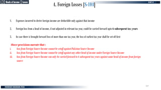 4. Foreign Losses [S-104]
1. Expenses incurred to derive foreign income are deductible only against that income
2. Foreign loss from a head of income, if not adjusted in relevant tax year, could be carried forward upto 6 subsequent tax years
3. In case there is brought forward loss of more than one tax year, the loss of earliest tax year shall be set off first
Above provisions narrate that :
i. loss from Foreign Source Income cannot be setoff against Pakistan Source Income
ii. loss from Foreign Source Income cannot be setoff against any other head of income under Foreign Source Income
iii. loss from Foreign Source Income can only be carried forward to 6 subsequent tax years against same head of income from foreign
source
Losses
Losses
Heads of Income
Heads of Income
167
 