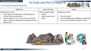 Tax Credits under Part X of Chapter III
6. Tax Credit for Certain Persons [S-65F]
Eligible Person Amount of Tax Credit Remarks
Following persons / Income:
1. persons engaged in coal mining projects in Sindh, supplying coal
exclusively to power generation projects
2. a startup as defined in Section 2(62A) for the tax year in which the
startup is certified by the Pakistan Software Export Board and the next
following two TYs
100% of tax payable including
- minimum
- alternate corporate tax and
final tax
Conditions for tax credit:
1. Return has been filed
2. In case of withholding agent, withholding tax statement filed
3. Sales tax returns (Federal/provincial) for the TY filled
Tax Credits
Tax Credits
Heads of Income
Heads of Income
180
 