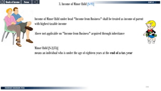 3. Income of Minor Child [S-91]
Income of Minor Child under head "Income from Business" shall be treated as income of parent
with highest taxable income
Above not applicable on "Income from Business" acquired through inheritance
Minor Child [S-2(33)]
means an individual who is under the age of eighteen years at the end of a tax year
Person
Person
Heads of Income
Heads of Income
193
 