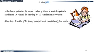 4. Author [S-89]
Author has an option that the amount received by him on account of royalties be
taxed in that tax year and the preceding two tax years in equal proportions
if time taken by author of his literary or artistic work exceeds twenty-four months
Person
Person
Heads of Income
Heads of Income
194
 