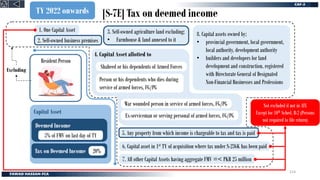 [S-7E] Tax on deemed income
Resident Person
1. One Capital Asset 3. Self-owned agriculture land excluding;
• Farmhouse & land annexed to it
4. Capital Asset allotted to
Shaheed or his dependents of Armed Forces
Person or his dependents who dies during
service of armed forces, FG/PG
War wounded person in service of armed forces, FG/PG
Ex-serviceman or serving personal of armed forces, FG/PG
Capital Asset
Deemed Income
5% of FMV on last day of TY
Tax on Deemed Income 20%
5. Any property from which income is chargeable to tax and tax is paid
6. Capital asset in 1st TY of acquisition where tax under S-236K has been paid
7. All other Capital Assets having aggregate FMV =< PKR 25 million
8. Capital assets owned by;
• provincial government, local government,
local authority, development authority
• builders and developers for land
development and construction, registered
with Directorate General of Designated
Non-Financial Businesses and Professions
2. Self-owned business premises
Excluding
TY 2022 onwards
Not excluded if not in ATL
Except for 10th Sched, R-2 (Persons
not required to file return)
214
 