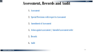 Assessment, Records and Audit
1. Assessment
2. Special Provisions with respect to Assessment
3. Amendment of Assessment
4. Action against assessment / Amended assessment order
5. Records
6. Audit
226
 