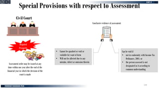 Special Provisions with respect to Assessment
Disputed
Preoperty
Assessment order may be issued at any
time within one year after the end of the
financial year in which the decision of the
court is made
Civil Court
Conclusive evidence of assessment
• Cannot be quashed or void or
voidable for want of form
• Will not be affected due to any
mistake, defect or omission therein
Can be void if
• not in conformity with Income Tax
Ordinance, 2001; or
• the person assessed is not
designated in it according to
common understanding
228
 