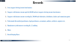 Records
1. Every taxpayer deriving income from business
2. Taxpayers with business income upto Rs.500,000 and new taxpayers deriving income from business
3. Taxpayers with business income exceeding Rs. 500,000 and wholesalers, distributors, dealers and commission agents
4. Professionals like medical practitioners, legal practitioners, accountants, auditors, architects, engineers etc.
5. Manufacturers (with turnover exceeding Rs. 2.5 million)
6. Others
7. Record Keeping Places
231
 