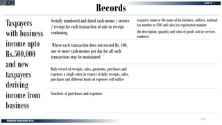 Records
Taxpayers
with business
income upto
Rs.500,000
and new
taxpayers
deriving
income from
business
Serially numbered and dated cash-memo / invoice
/ receipt for each transaction of sale or receipt
containing
taxpayers name or the name of his business, address, national
tax number or CNIC and sales tax registration number
the description, quantity and value of goods sold or services
rendered
Where each transaction does not exceed Rs. 100,
one or more cash-memos per day for all such
transactions may be maintained
Daily record of receipts, sales, payments, purchases and
expenses a single entry in respect of daily receipts, sales,
purchases and different heads of expenses will suffice
Vouchers of purchases and expenses
233
 