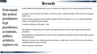 Records
Professionals
like medical
practitioners,
legal
practitioners,
accountants,
auditors,
architects,
engineers etc.
Serially numbered and dated patient-slip / invoice /receipt for each transaction of sale or receipt containing the following
(a) taxpayer's name or the name of his business or profession, address, national tax number or CNIC and sales tax registration
number, if any
(b) the description, quantity and value of medicines supplied or details of treatment/ case/ services rendered (confidential
details are not required) and amount charged
(c) the name and address of the patient / client
The condition of recording address of the patient on the patient slip under this clause shall not apply to general medical
practitioners
Daily appointment and engagement diary in respect of clients and patients provided that this clause shall not apply to general
medical practitioners
Daily record of receipts, sales, payments, purchases and expenses; a single entry in respect of daily receipts, sales, purchases
and different heads of expenses will suffice
Vouchers of purchases and expenses
235
 