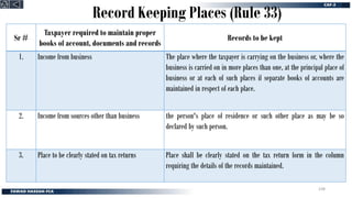 Record Keeping Places (Rule 33)
Sr #
Taxpayer required to maintain proper
books of account, documents and records
Records to be kept
1. Income from business The place where the taxpayer is carrying on the business or, where the
business is carried on in more places than one, at the principal place of
business or at each of such places if separate books of accounts are
maintained in respect of each place.
2. Income from sources other than business the person's place of residence or such other place as may be so
declared by such person.
3. Place to be clearly stated on tax returns Place shall be clearly stated on the tax return form in the column
requiring the details of the records maintained.
238
 