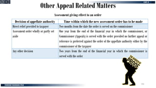 Other Appeal Related Matters
Decision of appellate authority Time within which the new assessment order has to be made
Direct relief provided to taxpayer Two months from the date the order is served on the commissioner
Assessment order wholly or partly set
aside
One year from the end of the financial year in which the commissioner, or
Commissioner (Appeals) is served with the order provided no further appeal or
reference is preferred against the order of the appellate authority either by the
commissioner of the taxpayer
Any other decision Two years from the end of the financial year in which the commissioner is
served with the order
Assessment giving effect to an order
246
 