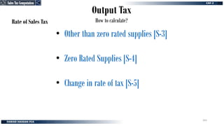 Output Tax
How to calculate?
Rate of Sales Tax
• Other than zero rated supplies [S-3]
• Zero Rated Supplies [S-4]
• Change in rate of tax [S-5]
Sales Tax Computation
Sales Tax Computation
265
 
