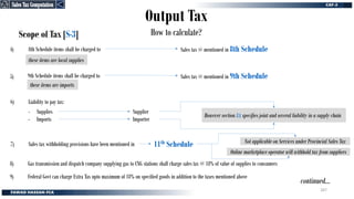 Output Tax
How to calculate?
Scope of Tax [S-3]
8th Schedule items shall be charged to Sales tax @ mentioned in 8th Schedule
4)
6)
these items are local supplies
Liability to pay tax:
- Supplies
Sales tax withholding provisions have been mentioned in 11th Schedule
7)
9th Schedule items shall be charged to Sales tax @ mentioned in 9th Schedule
5)
these items are imports
- Imports
Supplier
Importer
However section 8A specifies joint and several liability in a supply chain
Gas transmission and dispatch company supplying gas to CNG stations shall charge sales tax @ 18% of value of supplies to consumers
8)
Federal Govt can charge Extra Tax upto maximum of 18% on specified goods in addition to the taxes mentioned above
9)
continued…
Not applicable on Services under Provincial Sales Tax
Online marketplace operator will withhold tax from suppliers
Sales Tax Computation
Sales Tax Computation
267
 