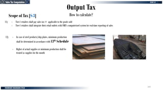Output Tax
How to calculate?
Scope of Tax [S-3]
- Tier-1 retailers shall pay sales tax @ applicable to the goods sold
- Tier-1 retailers shall integrate their retail outlets with FBR's computerized system for real-time reporting of sales
11)
12) - In case of steel products/ship plates, minimum production
shall be determined in accordance with 13th Schedule
- Higher of actual supplies or minimum production shall be
treated as supplies for the month
Sales Tax Computation
Sales Tax Computation
269
 