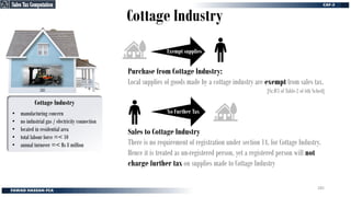 Cottage Industry
Cottage Industry
• manufacturing concern
• no industrial gas / electricity connection
• located in residential area
• total labour force =< 10
• annual turnover =< Rs 8 million
Purchase from Cottage Industry:
Local supplies of goods made by a cottage industry are exempt from sales tax.
[Sr.#3 of Table-2 of 6th Sched]
Sales to Cottage Industry
There is no requirement of registration under section 14, for Cottage Industry.
Hence it is treated as un-registered person, yet a registered person will not
charge further tax on supplies made to Cottage Industry
Exempt supplies
No Further Tax
Sales Tax Computation
Sales Tax Computation
285
 