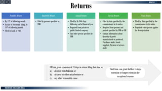Returns
Monthly Return
• By 15th of following month
• In case of electronic filing, by
18th of following month
• Filed in bank or FBR
Quarterly Return
• Filed by persons specified by
FBR
Annual Return
• Filed by By 30th Sept
following end of financial year
• Required from private or
public limited company
• Any other person specified by
FBR
Special Return
• Filed by date specified by the
commissioner in its notice
• Required from persons and
periods specified by FBR or CIR
• Contain information about
Quantity of goods
manufactured or produced,
Purchases made, Goods
supplied, Payment of arrears
made
Final Return
• Filed by date specified by the
commissioner in its notice
• Required when person applies
for de-registration
CIR can grant extension of 15 days in return filing date due to:
a) absence from Pakistan or
b) sickness or other misadventure or
c) any other reasonable cause
Chief Com. can grant further 15 days
extension or longer extension for
exceptional reasons
 