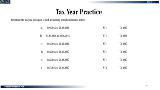 Tax Year Practice
Determine the tax year in respect of each accounting periods mentioned below:
a) 1.09.2015 to 31.08.2016
b) 01.04.2016 to 30.06.2016
c) 1.01.2016 to 31.12.2016
d) 1.04.2016 to 31.03.2017
e) 1.05.2016 to 30.04.2017
f) 1.07.2016 to 30.06.2017
STY
TTY
STY
STY
STY
NTY
TY 2017
TY 2016
TY 2017
TY 2017
TY 2017
TY 2017
30
 
