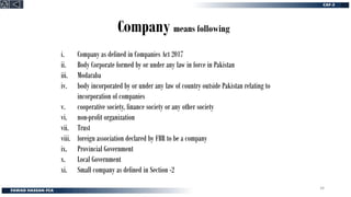 Company means following
i. Company as defined in Companies Act 2017
ii. Body Corporate formed by or under any law in force in Pakistan
iii. Modaraba
iv. body incorporated by or under any law of country outside Pakistan relating to
incorporation of companies
v. cooperative society, finance society or any other society
vi. non-profit organization
vii. Trust
viii. foreign association declared by FBR to be a company
ix. Provincial Government
x. Local Government
xi. Small company as defined in Section -2
34
 