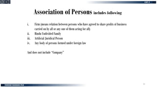 Association of Persons includes following
i. Firm (means relation between persons who have agreed to share profits of business
carried on by all or any one of them acting for all)
ii. Hindu Undivided Family
iii. Artificial Juridical Person
iv. Any body of persons formed under foreign law
And does not include “Company”
35
 