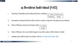 a) Resident Individual [S-82]
i. Not based on Nationality, based on Physical Presence in Pakistan
ii. Government servant posted abroad will be treated as resident, irrespective of his physical stay in Pakistan
iii. Citizen of Pakistan, present in one foreign country
iv. Citizen of Pakistan, who is not resident taxpayer of any other country, will be treated as resident
v. Counting of days shall be made in accordance with Rule-14 of Income Tax Rules, 2002
0 – 182 days 183 days or more
Non Resident Resident
0 – 182 days
Resident
37
 