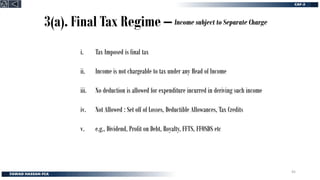 3(a). Final Tax Regime –
i. Tax Imposed is final tax
ii. Income is not chargeable to tax under any Head of Income
iii. No deduction is allowed for expenditure incurred in deriving such income
iv. Not Allowed : Set off of Losses, Deductible Allowances, Tax Credits
v. e.g., Dividend, Profit on Debt, Royalty, FFTS, FFOSDS etc
Income subject to Separate Charge
45
 