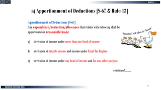 a) Apportionment of Deductions [S-67 & Rule 13]
Apportionment of Deductions [S-67]
Any expenditure/deduction/allowance that relates with following shall be
apportioned on reasonable basis:
a) derivation of income under more than one head of income
b) derivation of taxable income and income under Final Tax Regime
c) derivation of income under any head of income and for any other purpose
continued ……..
“Deduction” will follow its “Income”
49
 