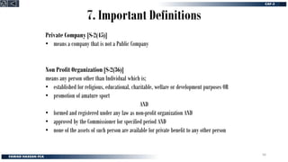 7. Important Definitions
Private Company [S-2(45)]
• means a company that is not a Public Company
Non Profit Organization [S-2(36)]
means any person other than Individual which is;
• established for religious, educational, charitable, welfare or development purposes OR
• promotion of amature sport
AND
• formed and registered under any law as non-profit organization AND
• approved by the Commissioner for specified period AND
• none of the assets of such person are available for private benefit to any other person
56
 