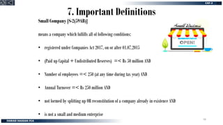 7. Important Definitions
Small Company [S-2(59AB)]
means a company which fulfills all of following conditions:
• registered under Companies Act 2017, on or after 01.07.2015
• (Paid up Capital + Undistributed Reserves) =< Rs 50 million AND
• Number of employees =< 250 (at any time during tax year) AND
• Annual Turnover =< Rs 250 million AND
• not formed by splitting up OR reconstitution of a company already in existence AND
• is not a small and medium enterprise
58
 