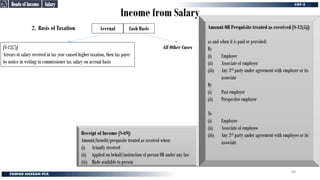 Income from Salary
2. Basis of Taxation Cash Basis
Accrual
[S-12(7)]
Arrears of salary received in tax year caused higher taxation, then tax payer
by notice in writing to commissioner tax salary on accrual basis
All Other Cases
Amount OR Perquisite treated as received [S-12(5)]:
as and when it is paid or provided;
By
(i) Employer
(ii) Associate of employer
(iii) Any 3rd party under agreement with employer or its
associate
By
(i) Past employer
(ii) Perspective employer
To
(i) Employee
(ii) Associate of employee
(iii) Any 3rd party under agreement with employee or its
associate
Receipt of Income [S-69]:
Amount/benefit/perquisite treated as received when:
(i) Actually received
(ii) Applied on behalf/instruction of person OR under any law
(iii) Made available to person
Salary
Salary
Heads of Income
Heads of Income
64
 